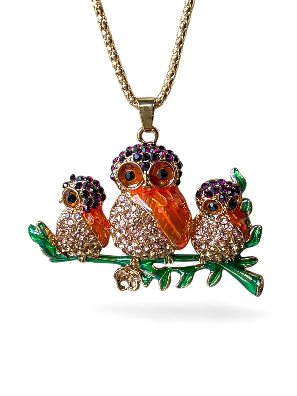 Betsey Johnson Jeweled Owl Family Pendant Necklace Rhinestone NWT